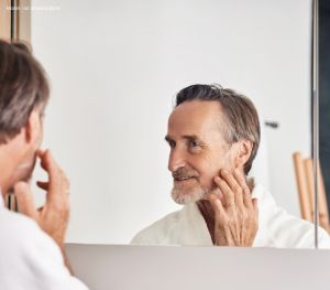 Man looking in the mirror touching the side of his face