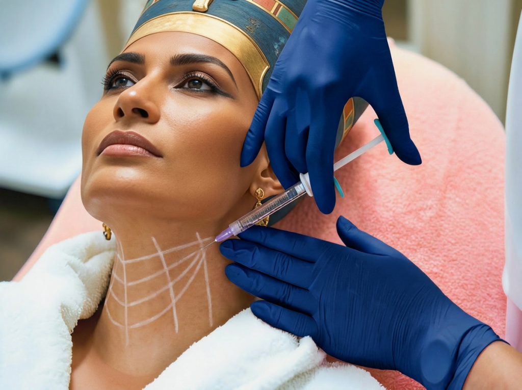 Doctor showing the Nefertiti Neck Lift procedure with imaginary character Queen Nefertiti.